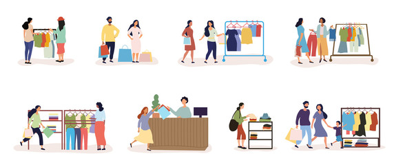 Set of eight designs showing diverse people and a young family shopping in clothing stores, paying at a till and shopping for accessories, vector illustration