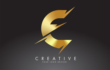 Golden E Letter Logo Design with Creative Cuts.