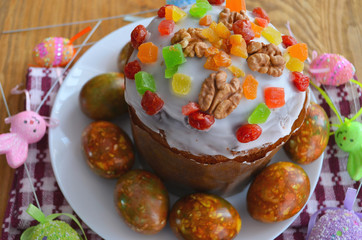 Easter cake and eggs, close up. Virus protection. Quarantine for Easter. The concept of the celebration of Holy Easter 2020 during the coronavirus pandemic.