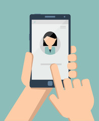 Holding a smartphone and clicking on screen