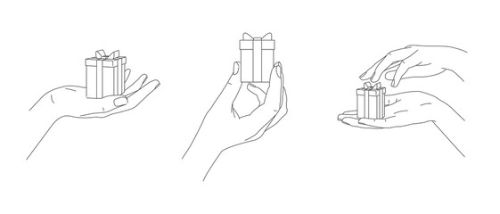 Illustration of line drawing of a hand holding a small gift box in three foreshortening gesture positions, realistic line graphic, isolated