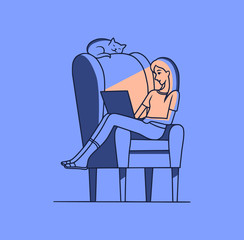 Vector illustration of a young woman sitting in a chair with a laptop at night, alone. The cat sleeps on the back of the chair. Home Isolation concept. Flat cartoon style.