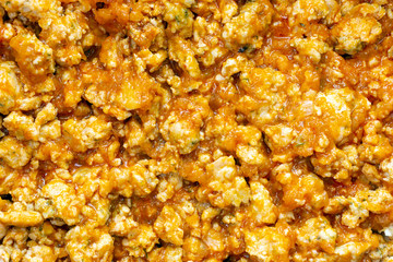 Bolognese stew in a pan, authentic recipe, close-up. preparation of minced meat, home-made food