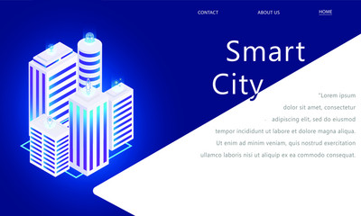 Smart city. White city buildings. City on a blue background in isometric with business icons. City and business concept.