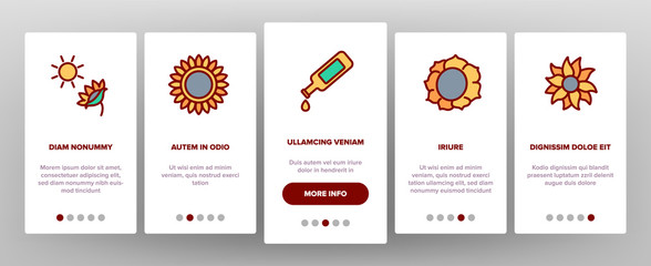 Sunflower Products Onboarding Icons Set Vector. Sunflower Oil And Seeds, Agricultural Herbal Flower And Sun, Bottle And Bag Illustrations