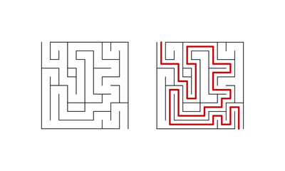 Labyrinth maze game for children. Simple puzzle with solution. Vector illustration.