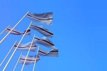 Botswana flags waving in the wind against a blue sky. 3D Rendering