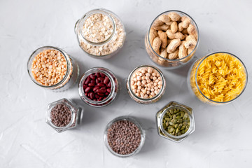 Obraz na płótnie Canvas Pasta, lentils, Chickpeas And Beans In Jars