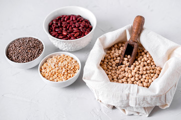 Lentils, Chickpeas And Beans In Bowls.