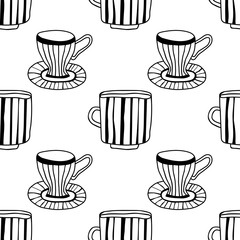 Obraz premium Tea and coffee mugs. Seamless pattern. Black and white illustration for coloring book