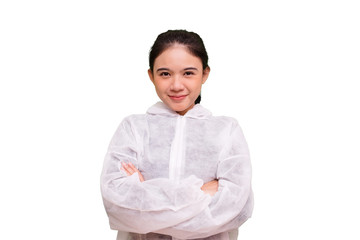 solated Nurse wearing PPE disposable coverall with mask and googles crossed arms smiling look at camera on white background.Pandemic 2019 Coronavirus 2019-nCoV.