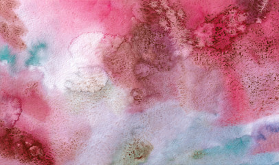 Fototapeta premium Hand painted watercolor abstract background. Brush stroke stain texture. Red, blue, brown, white and scarlet colors. Gradient color background washed with salted water drops. Grunge theme.