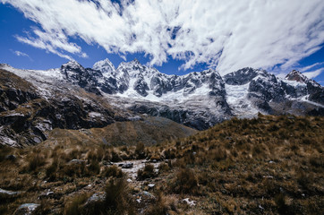 Fototapeta na wymiar high snowy Taulliraju mountain surrounded by clouds and bushes in the foreground, in the Andes trekking of the quebrada santa cruz