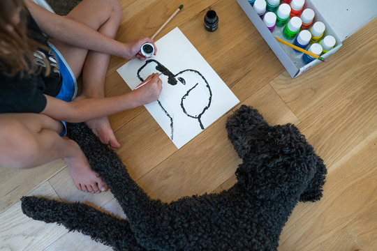 Directly above view of young child drawing a portrait of her black standard poodle laying down next to her