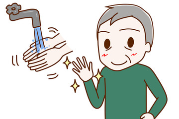 手を洗って清潔にする高齢の男性