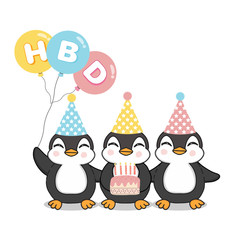 Happy cute Penguins celebrate birthday. Vector illustration