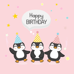 Happy cute Penguins celebrate birthday. Vector illustration