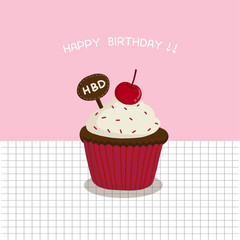 Happy birthday card with cute cake. vector illustration.