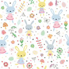 Vector seamless spring pattern with rabbits and plants. Natural background.  Cartoon bunnies