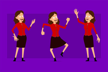 Cartoon flat funny cute business woman character in red shirt. Ready for animations. Girl dancing, jumping and showing hello gesture. Isolated on violet background. Big vector icon set.