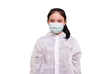Isolated Nurse wearing PPE disposable coverall with mask and googles smiling look at camera on white background. Pandemic 2019 Coronavirus 2019-nCoV.
