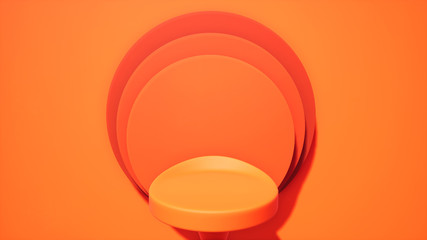 Scene with geometrical forms, round platforms, minimal background, orange studio background , 3D render, podium for the advertized goods