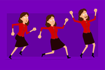 Fototapeta na wymiar Cartoon flat funny cute business woman character in red shirt. Ready for animations. Successful girl running to her goal. Isolated on violet background. Big vector icon set.