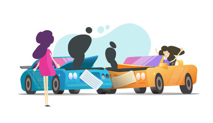 Car crash collision and two arguing women vector or vehicles accident with people scene and broken automobiles flat cartoon illustration, disputing lady girl and broken auto modern image isolated