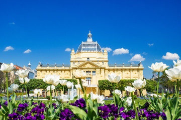 Zagreb, Croatia, in spring. Beautiful classic architecture, art pavilion in downtown park in sunny...