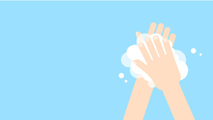 Washing hands with soap in flat style on blue background.