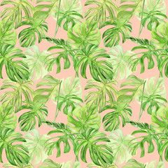 Aquarel illustratie naadloze patroon van tropische blad monstera. Perfect als achtergrondstructuur, inpakpapier, textiel of behangontwerp. Hand getekend