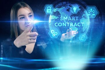 Business, Technology, Internet and network concept. Young businessman working on a virtual screen of the future and sees the inscription: Smart contract
