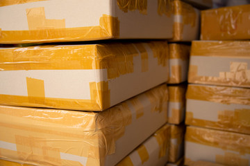 Packages delivery, packaging service and parcels transportation system concept. Distribution warehouse, package shipment.