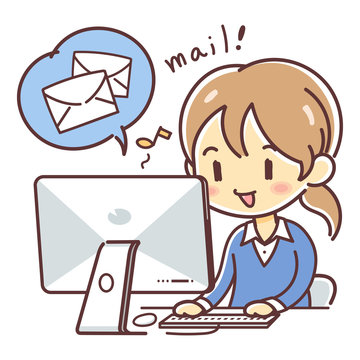 recommend clip art: パソコンを使ってメールを受信する女性（シャツ・会社員風）