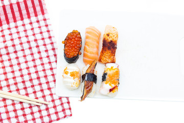 Sushi, Sashimi with chopsticks, Japanese sushi.