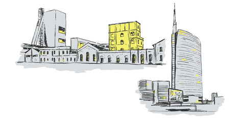 Vector illustration of contemporary buildings in Milan. Sketch of modern buildings.
