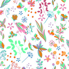 pattern, vector, white background, colorful flowers, leaves, stripes, seamless