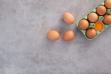 Organic eggs on table, flat lay, background