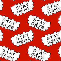 Stay home, stay safe - hand vector lettering on theme of quarantine, self protection times and coronavirus prevention in hand drawn style. Seamless pattern for social media, sites, flyers, web