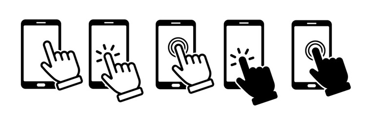 Hand touch screen smartphone icon. Click on the smartphone. Vector icon