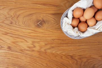 Organic eggs on table, flat lay, background