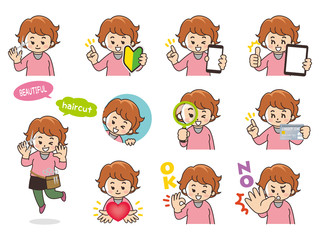 美容師の女性バリエーション　初心者マーク　スマートフォン　タブレット　虫眼鏡　クレジットカード　ハート　OK　NO