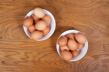Organic eggs on table, flat lay, background