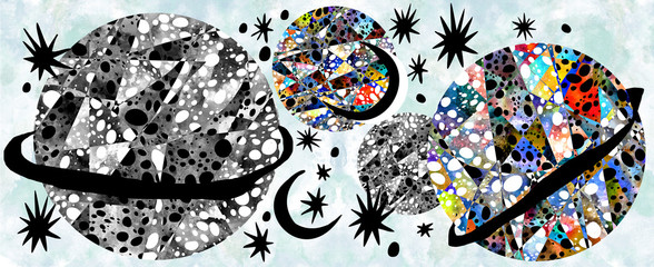 Nigth sky with moons, stars, clouds, space motive on grunge paper texture in abstract constructivism retro art style. © PhoenixNeon