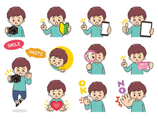 カメラマンの女性バリエーション　初心者マーク　スマートフォン　タブレット　虫眼鏡　クレジットカード　ハート　OK　NO