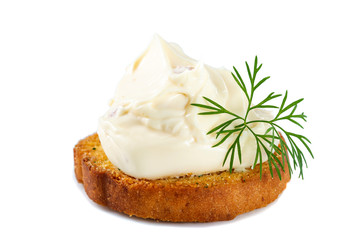 Starter made from cream cheese and pieces of prosciutto