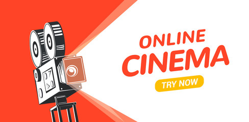 Online cinema poster concept background. Movie film projector old camera flyer digital movie