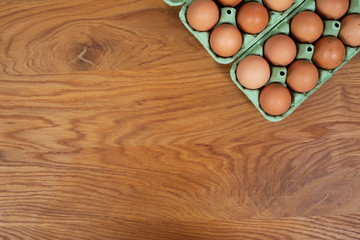 Organic eggs on table, flat lay, background