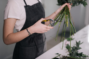Unrecognizable young woman florist wearing apron pruning stem of flowers with scissors at the table on white background. Concept of working with flowers, floral business. © dikushin