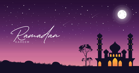 Naklejka premium illustration of the night sky and mosque background with Ramadan Kareem greeting text in silhouette style. Moon and stars. Islamic vector background concept. 